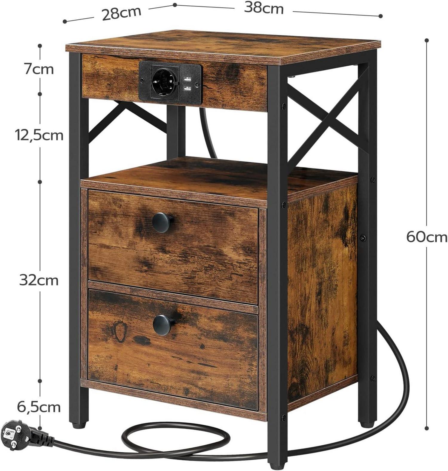 Nachttisch mit Ladestation und USB-Anschlüssen, Vintagebraun-Schwarz