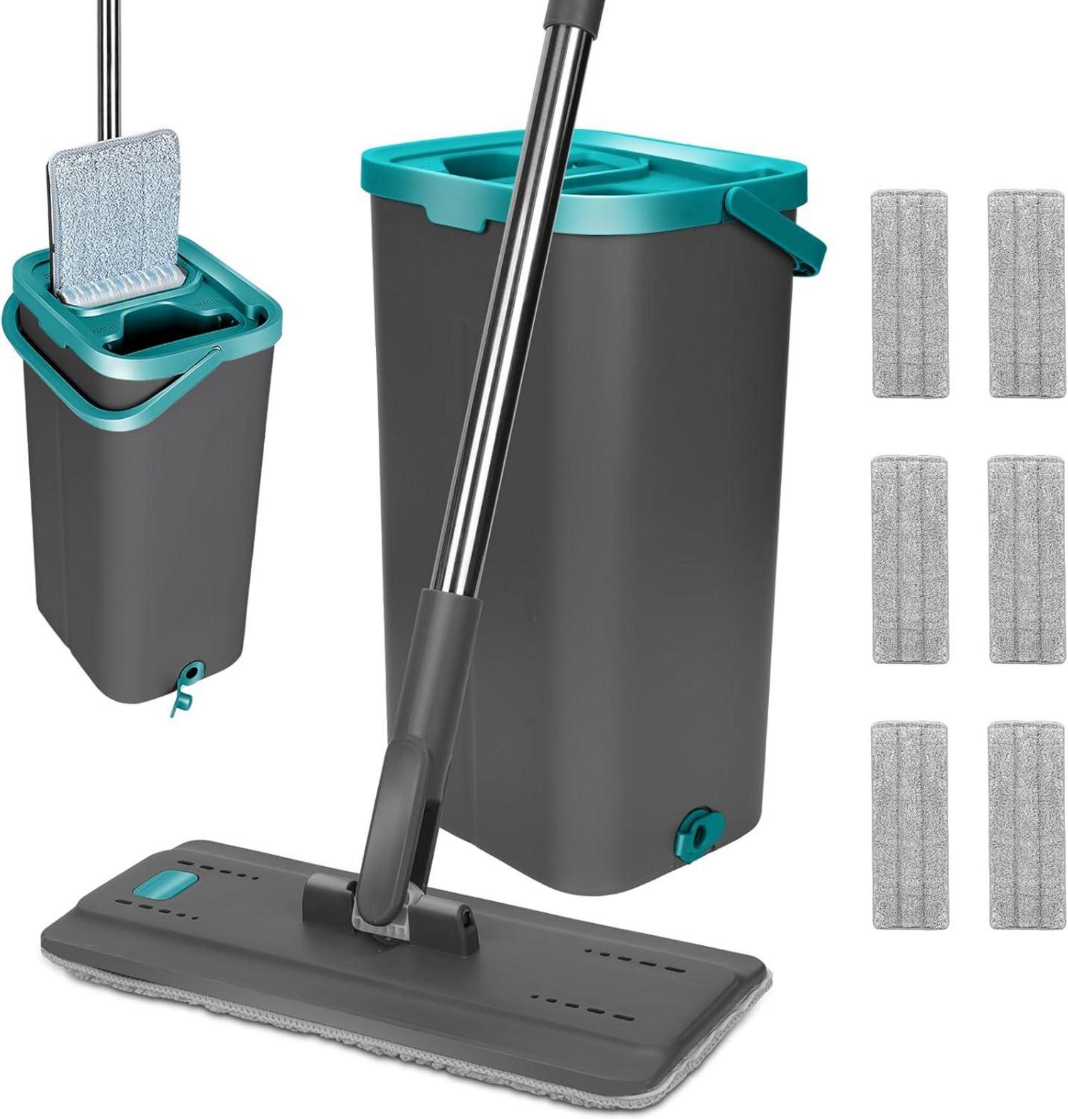 Mikrofaser Wischmopp Set mit Putzeimer - 6 Pads, Edelstahl Griff