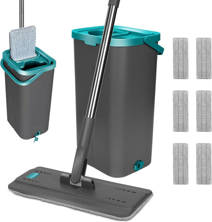 Mikrofaser Wischmopp Set mit Putzeimer - 6 Pads, Edelstahl Griff