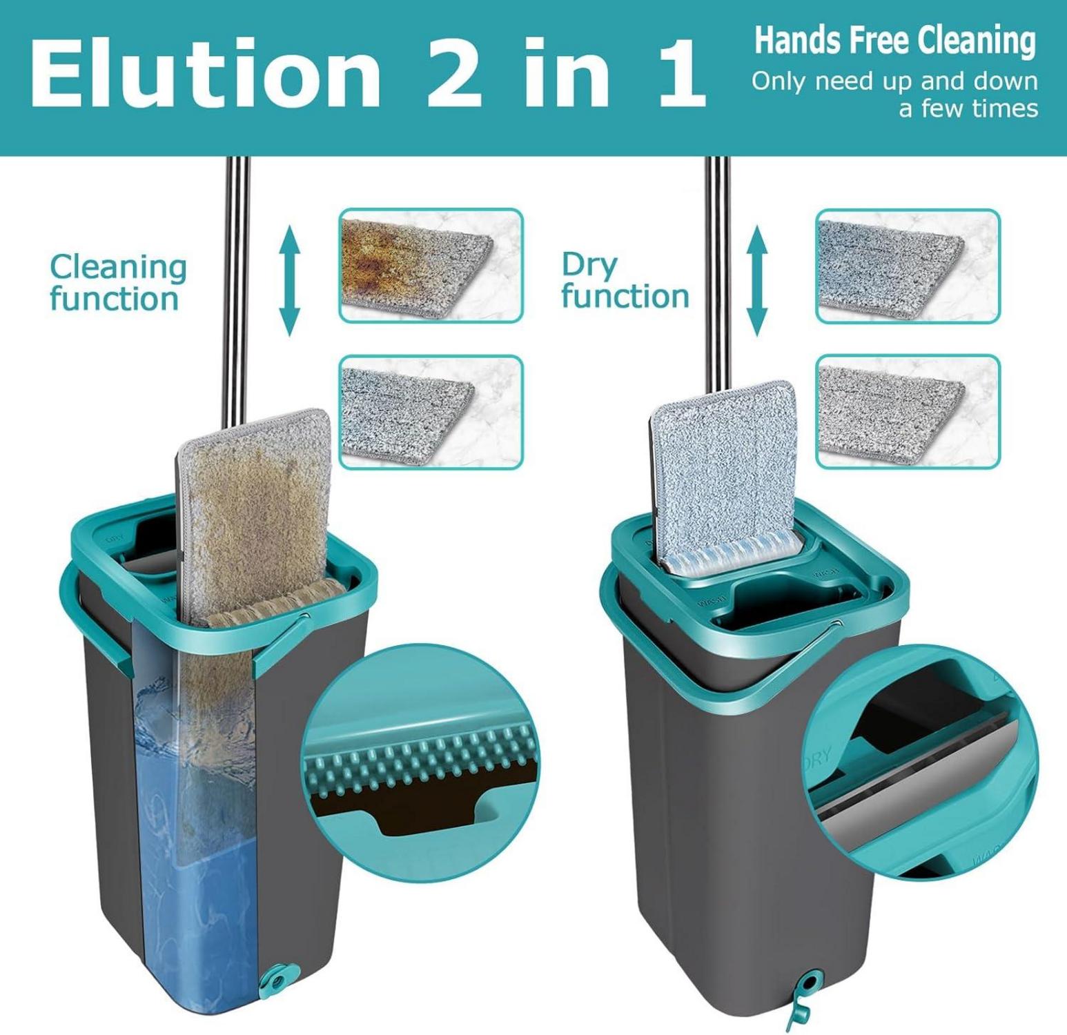 Wischmopp Set mit Eimer und 6 Mikrofaser Wischpads, 2-in-1 Bodenwischer, für Holzböden, Laminat, Fliesen, Grau & Grün