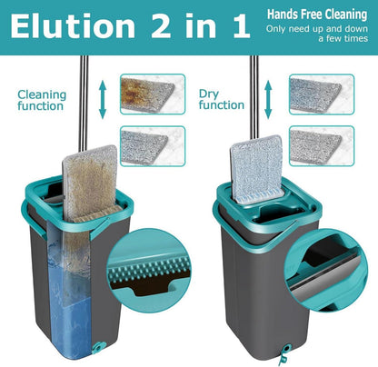 Wischmopp Set mit Eimer und 6 Mikrofaser Wischpads, 2-in-1 Bodenwischer, für Holzböden, Laminat, Fliesen, Grau & Grün