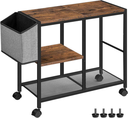 Druckertisch mit Rollen und Tasche, 3 Ebenen, 63 x 30 x 60 cm, Braun