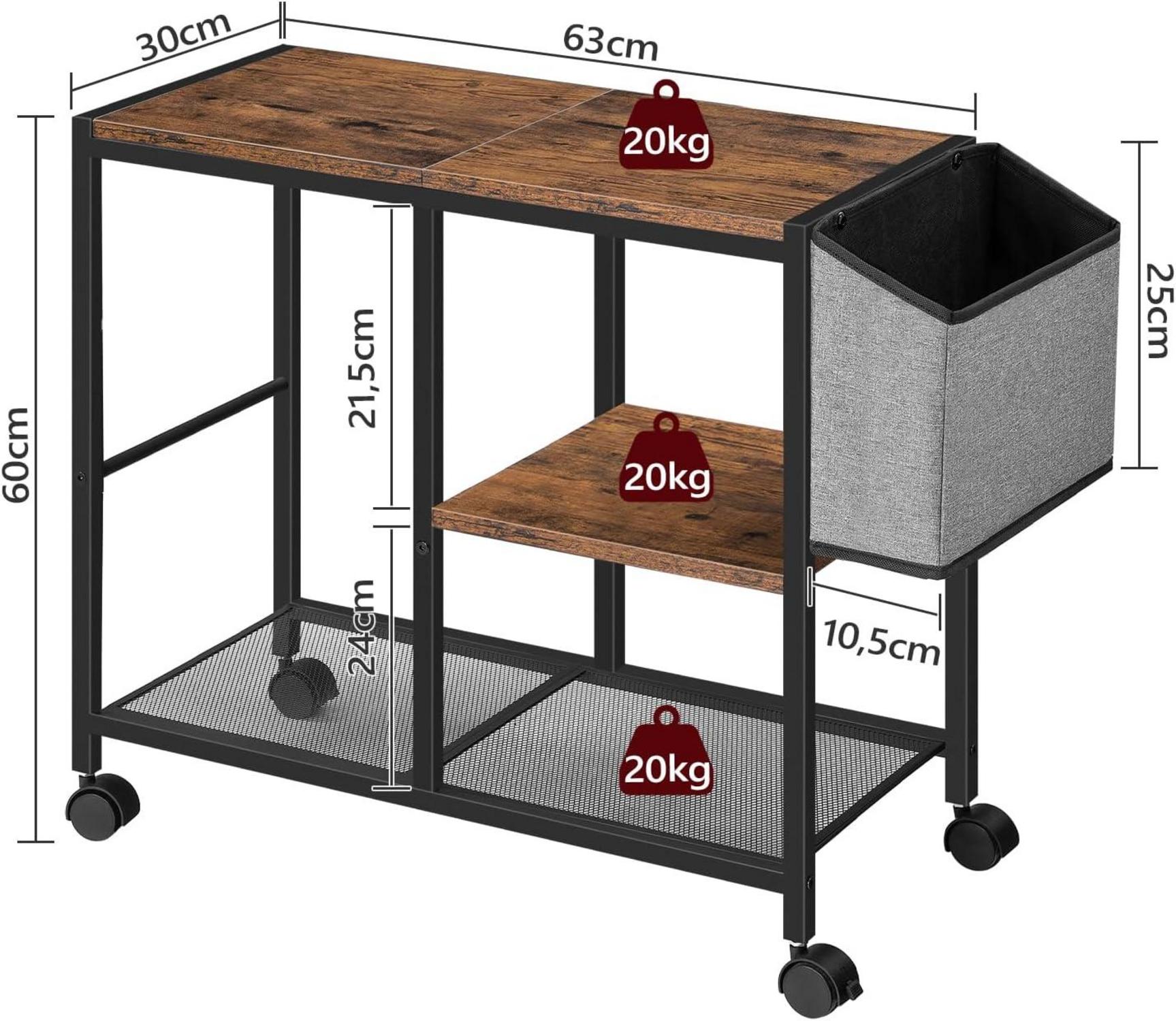 Druckertisch mit Rollen und Tasche, 3 Ebenen, 63 x 30 x 60 cm, Braun