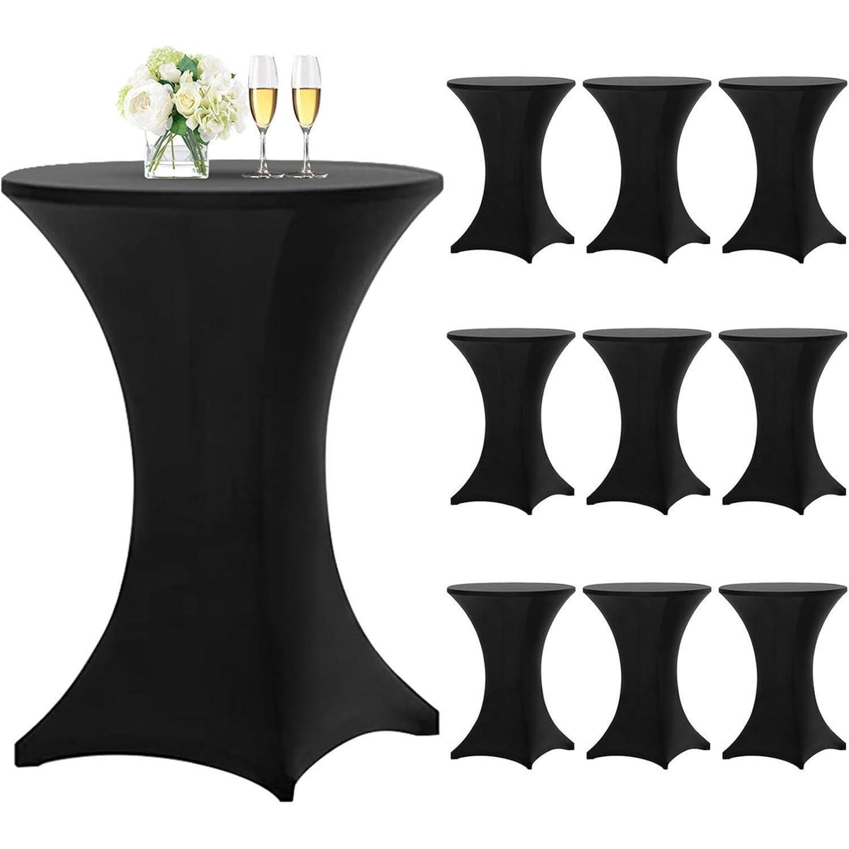 10er Set Stehtischhusse Schwarz für Ø 80-85 cm, Stretch-Tischdecke mit Fußtaschen