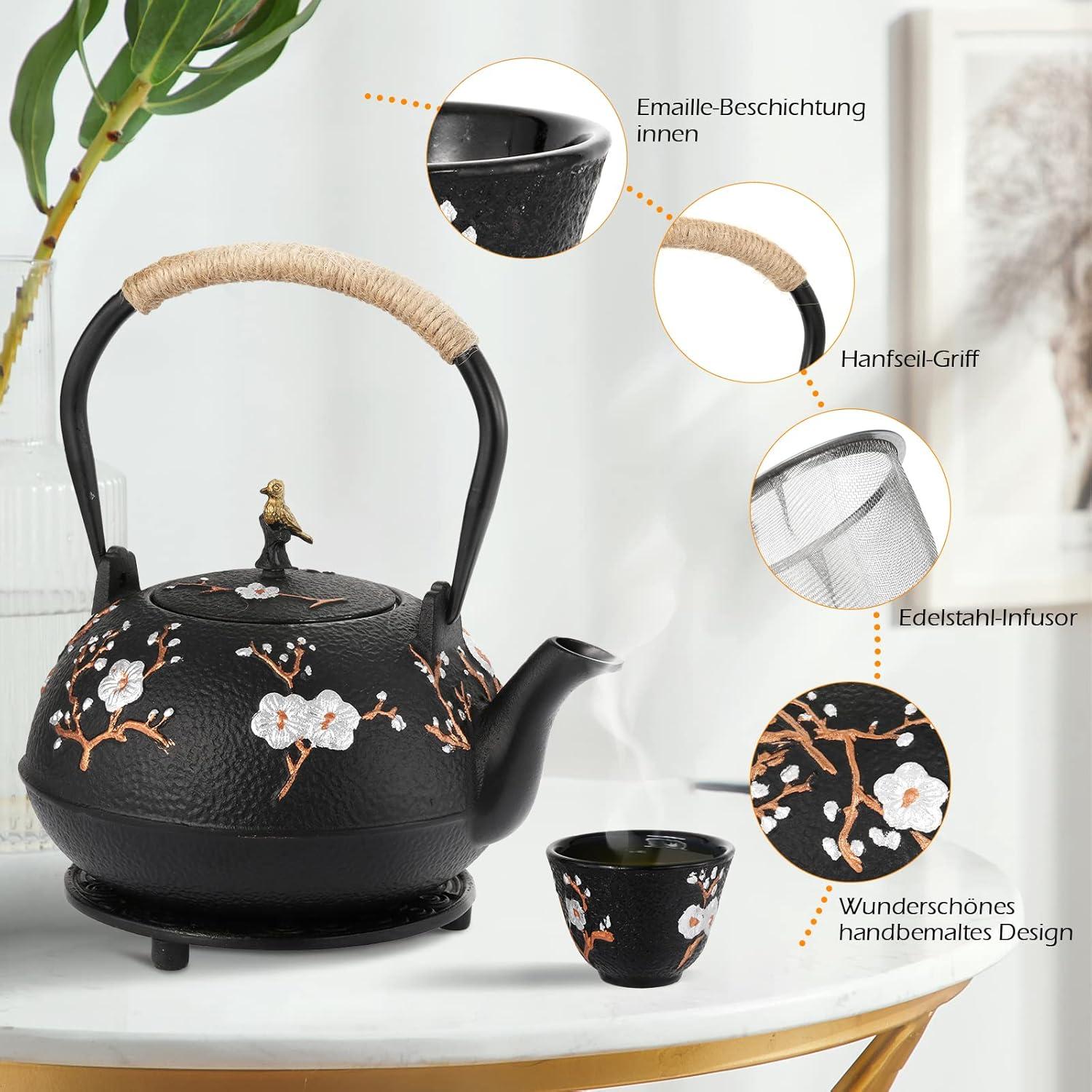 Teekanne Gusseisen Set 1,2L 4 Teebecher Elstermotiv Schwarz