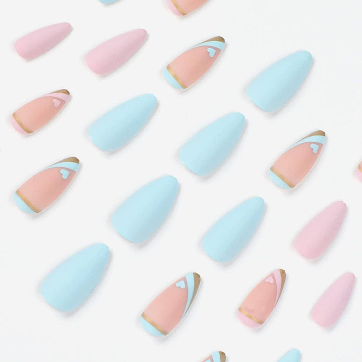24 Stück Matt Stiletto Nägel Herz Pale Pink Blau French Press on Nails