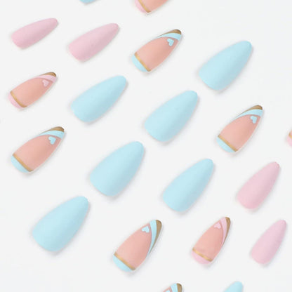 24 Stück Matt Stiletto Nägel Herz Pale Pink Blau French Press on Nails