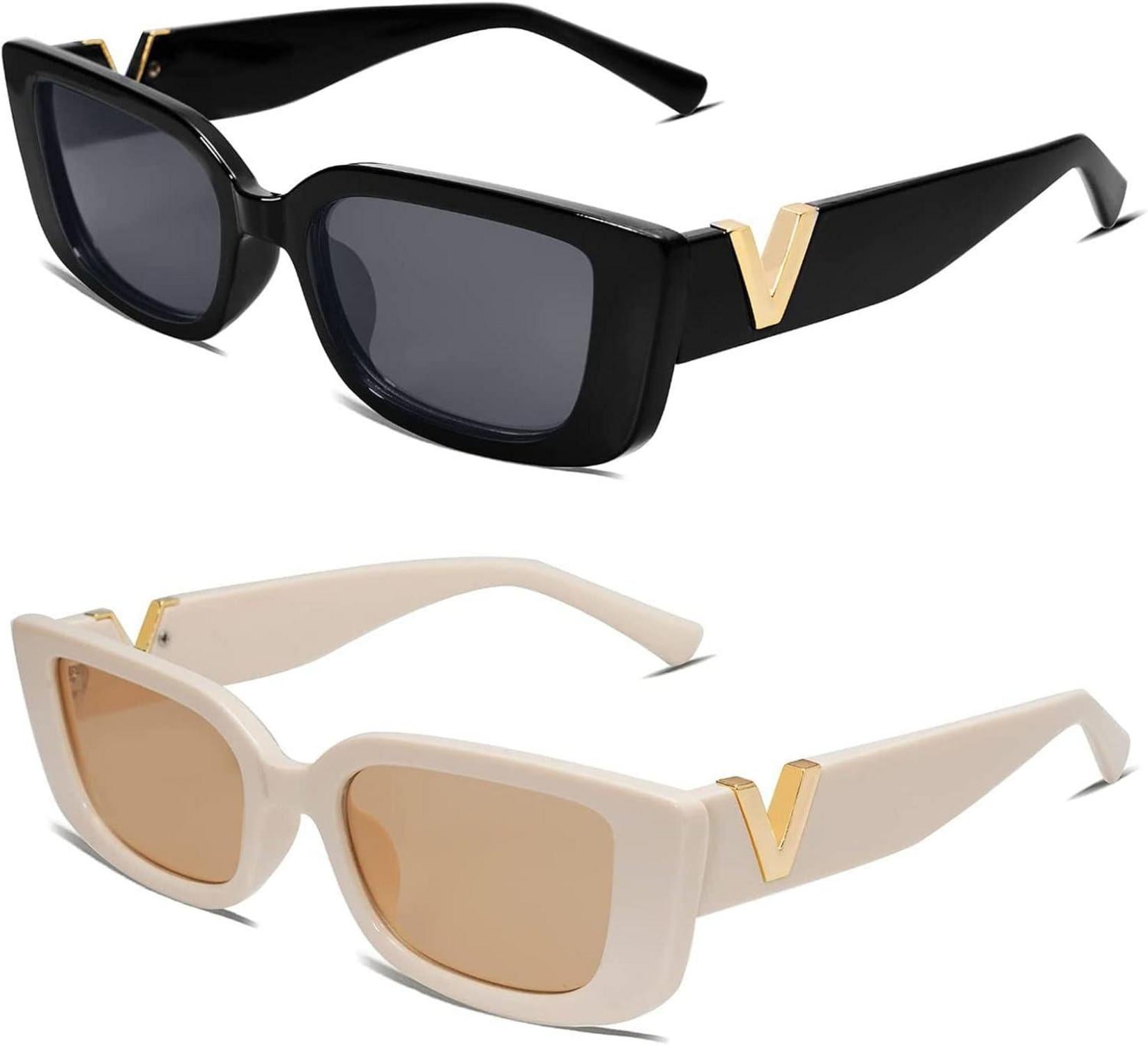 Quadratische Vintage Sonnenbrille 2er Set Schwarz Beige UV-Schutz