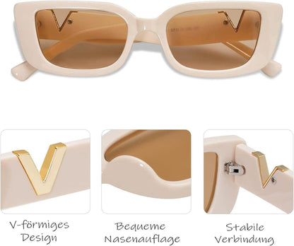 2er Set Quadratische Retro Sonnenbrillen Schwarz Beige UV-Schutz Rave Brille