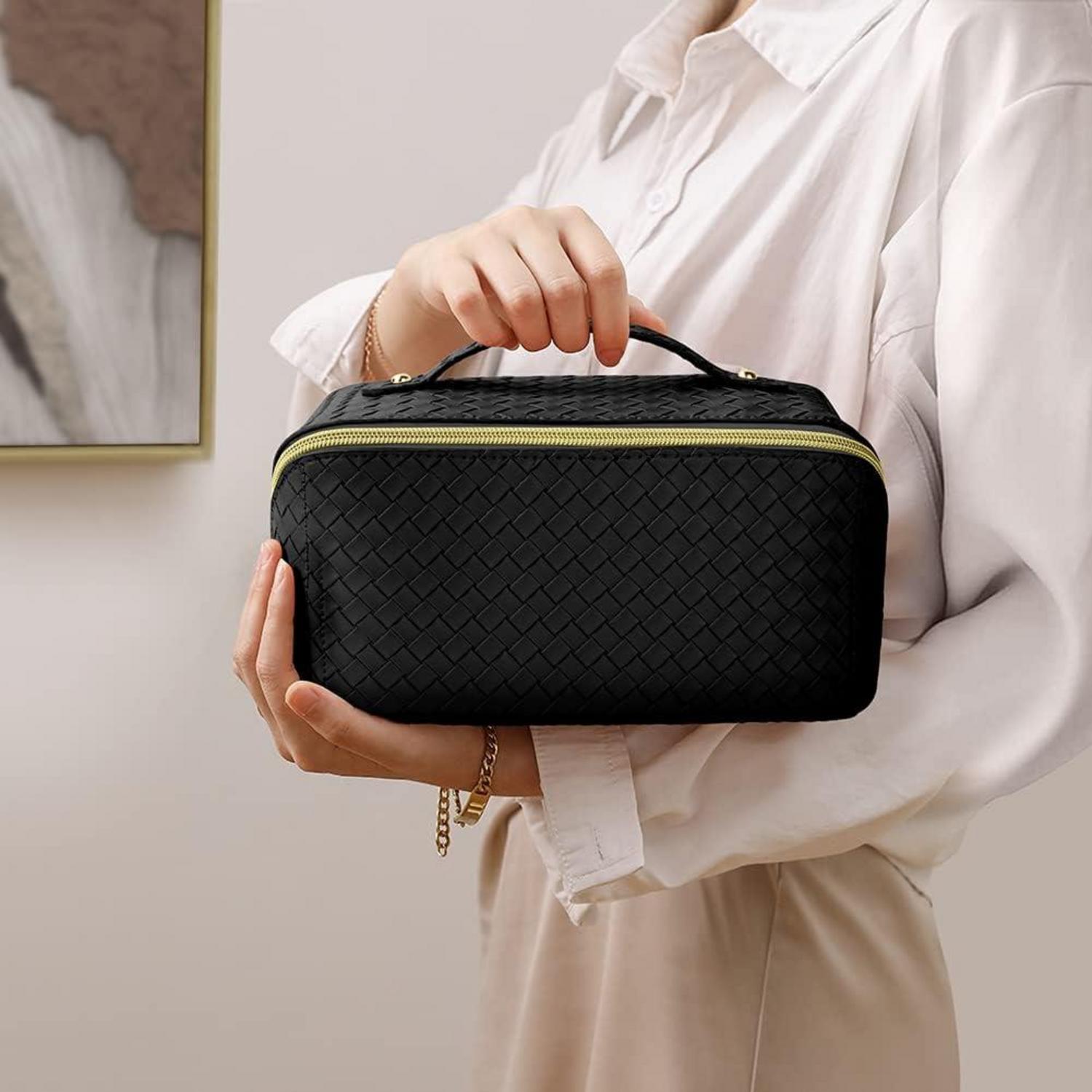 Aucuu Reise Kosmetiktasche PU Leder Portable Schminktasche Wasserdicht Schwarz