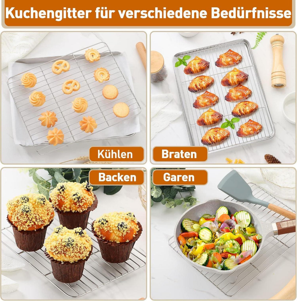Edelstahl Abkühlgitter Set 4 Stück Backgitter Rostfrei Kuchengitter