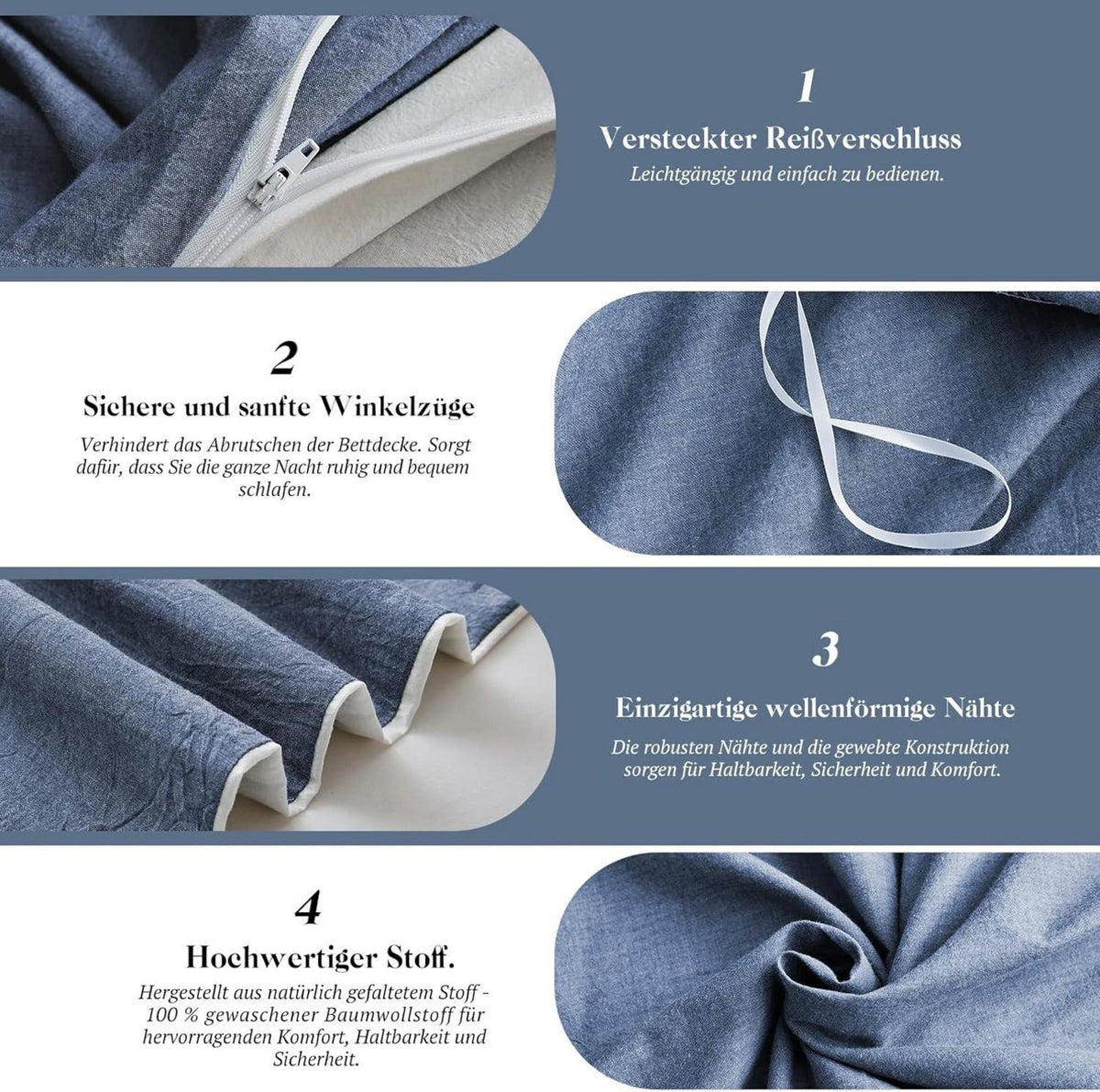 Bettwäsche Set 135x200 Baumwolle Denim Blue Reißverschluss Stone