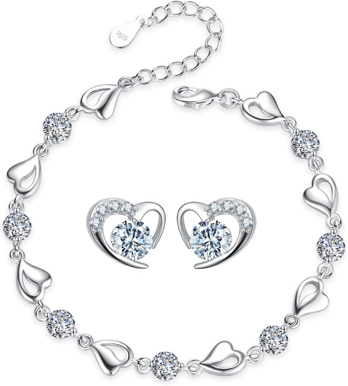 Silber Kristall Herz Armband Ohrringe Schmuck Set Love Form