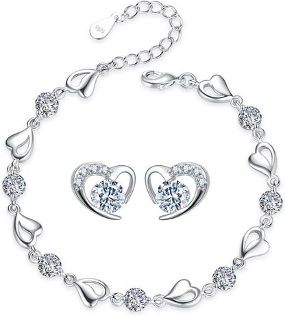 Silber Kristall Herz Armband Ohrringe Schmuck Set Love Form