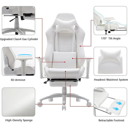 Ergonomischer Gaming Stuhl mit Fußstütze und Lendenkissen, Weiß