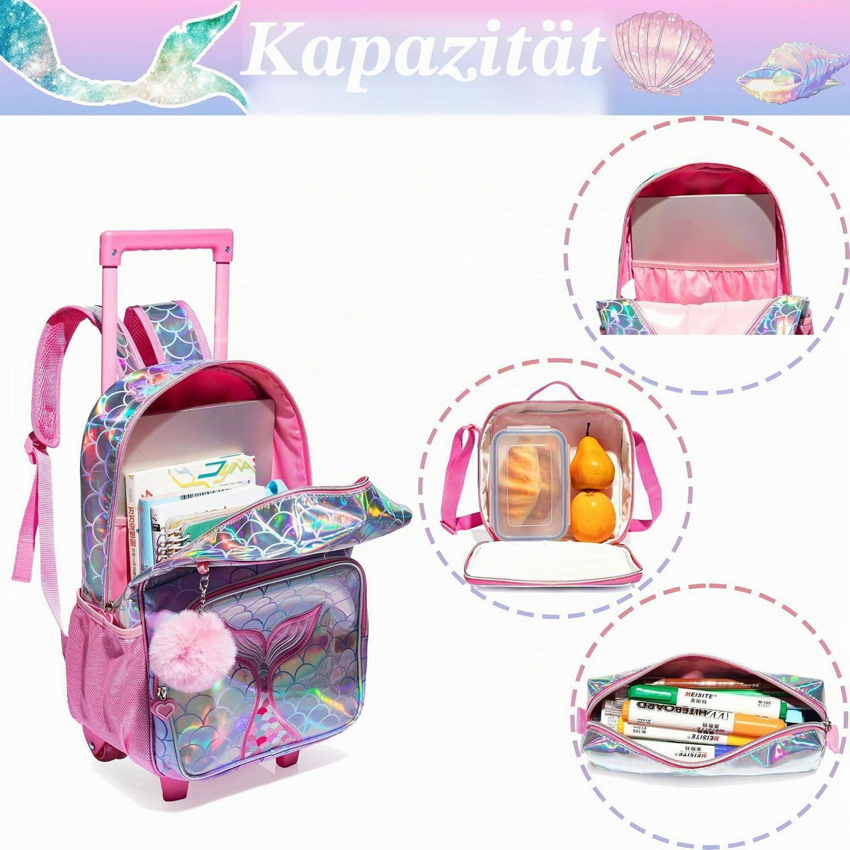 Meerjungfrau Schulrucksack mit Rollen | Kinder Trolley Rosa