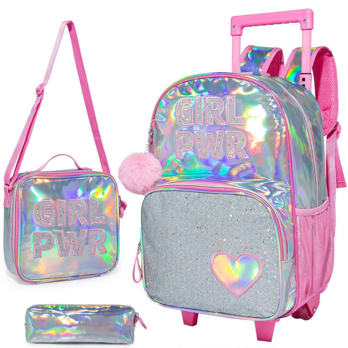 Rosa Kinder Trolley Rucksack mit Rollen & Zubehör
