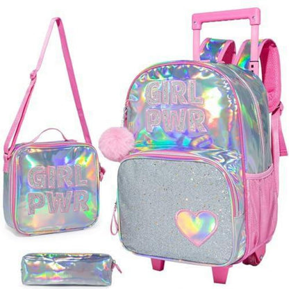 Rosa Kinder Trolley Rucksack mit Rollen & Zubehör