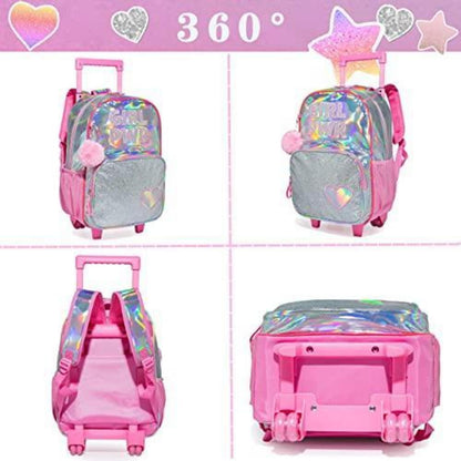 Rosa Kinder Trolley Rucksack mit Rollen & Zubehör