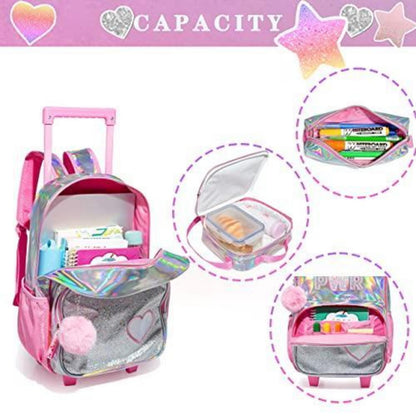 Rosa Kinder Trolley Rucksack mit Rollen & Zubehör