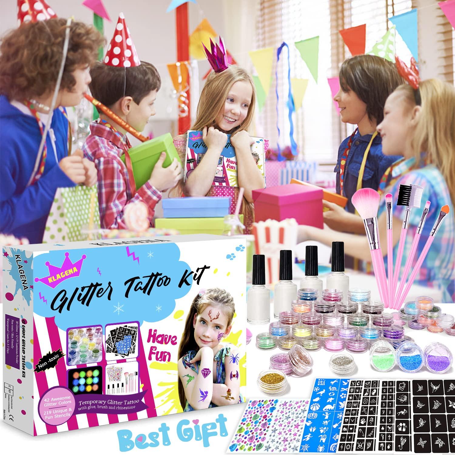 Glitzer Tattoo Set Kinder Glitzertattoos 42 Farben Schablonen Strass Pinsel