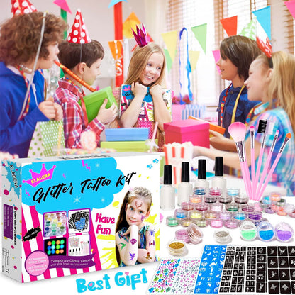 Glitzer Tattoo Set Kinder Glitzertattoos 42 Farben Schablonen Strass Pinsel