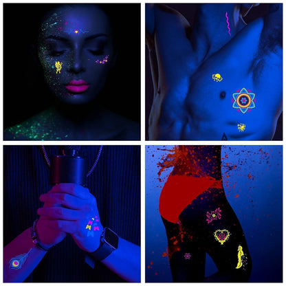 Neon Gesichtstatowierungen – 9 Blätter, Schwarzlicht Schminke