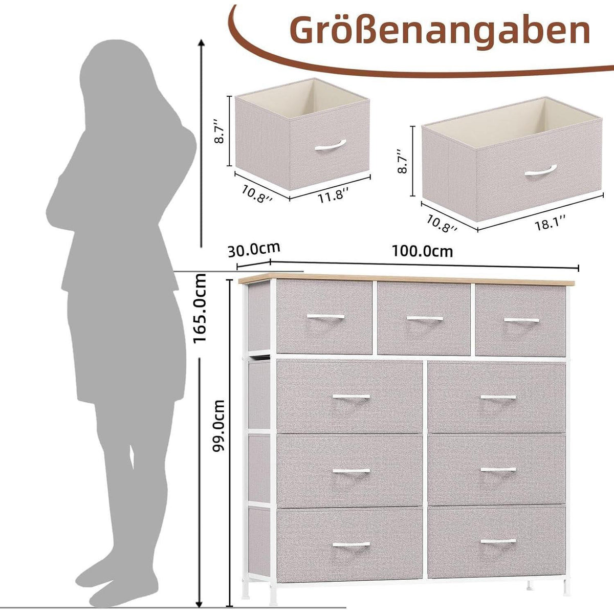 Kommode mit 9 Stoffschubladen – Aschgrau, 100x30x99 cm
