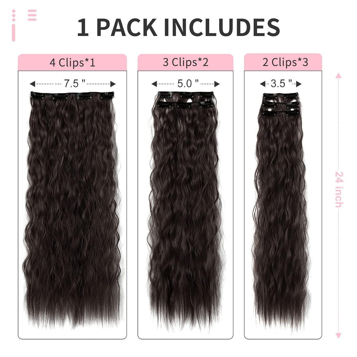60cm Lange Wellige Haarverlängerung – Clip-In, Schwarz Braun