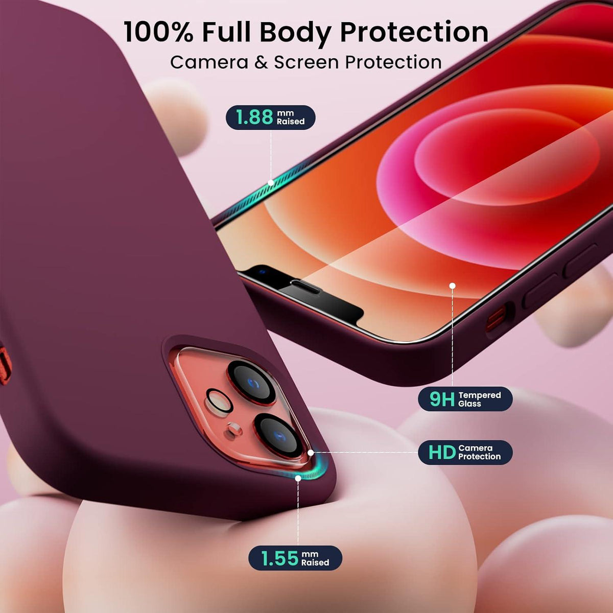 ORNARTO iPhone 12 Pro 6,1 Silikon Case + Schutzfolie Kameraschutz, Ultra Dünne Flüssig Silikon Weinrot