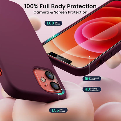 ORNARTO iPhone 12 Pro 6,1 Silikon Case + Schutzfolie Kameraschutz, Ultra Dünne Flüssig Silikon Weinrot