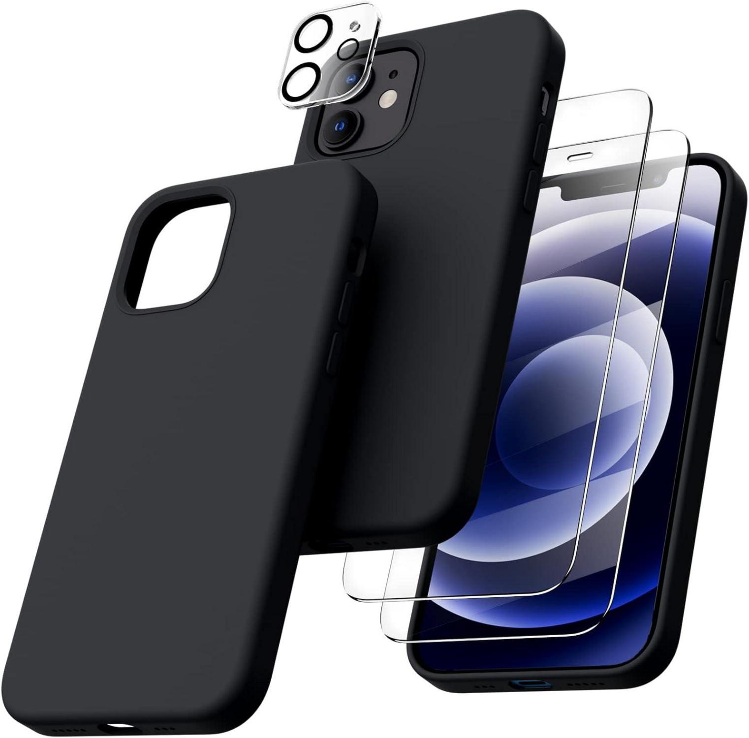 iPhone 12 Pro Silikon Case mit Schutzfolie und Kameraschutz in Schwarz