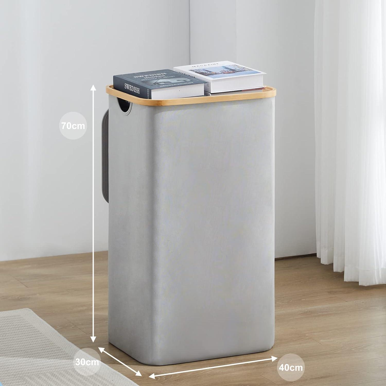 YOUDENOVA Wäschekorb mit Deckel 85L Bambus Grau