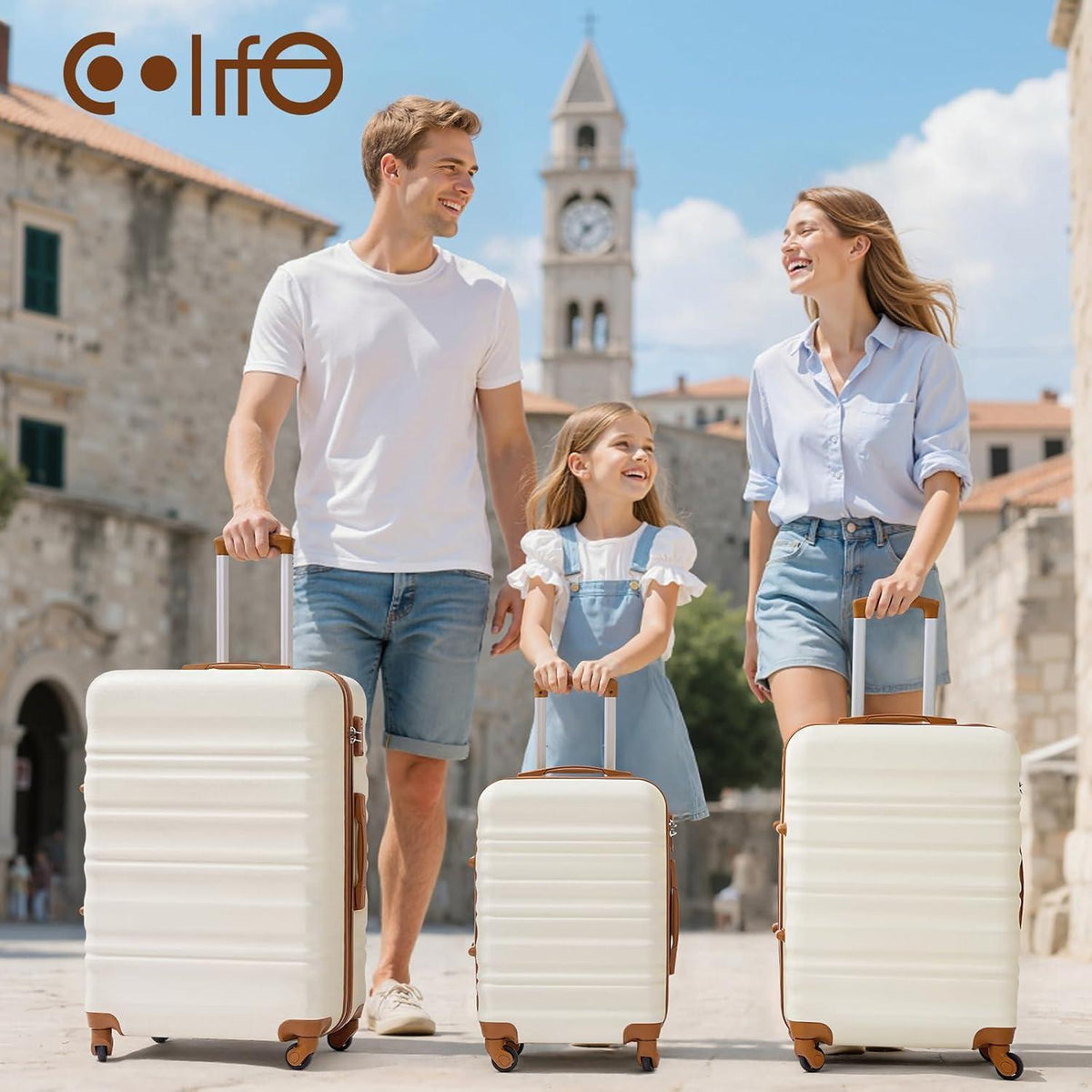 COOLIFE Koffer-Set | TSA-Schloss, 4 Rollen, Weiß/Braun