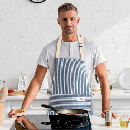 Chef Küchenschürze blau gestreift mit Taschen, verstellbarer Latz