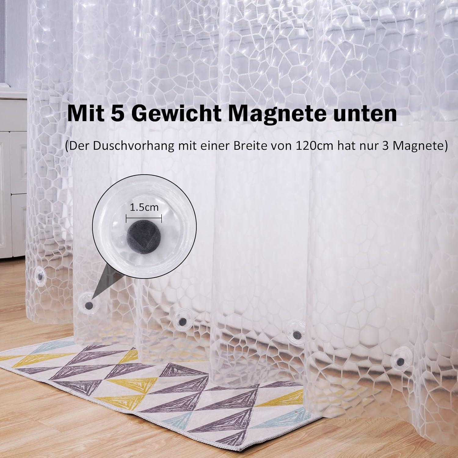 Duschvorhang Transparent 180x200cm Magnete Antischimmel wasserdicht 12 Ringe Hexagon Muster