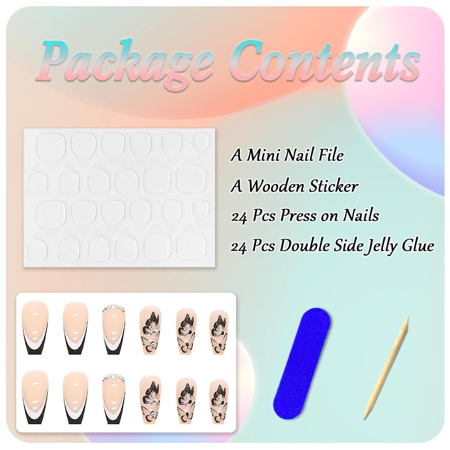 Kunstnägel Press on Nails 24 Stk. French Schwarz Schmetterling Sarg Acryl