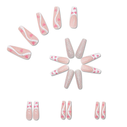 24 Stück Falsche Nägel Lange Press on Nails Glitter Rosa Herzen Glossy