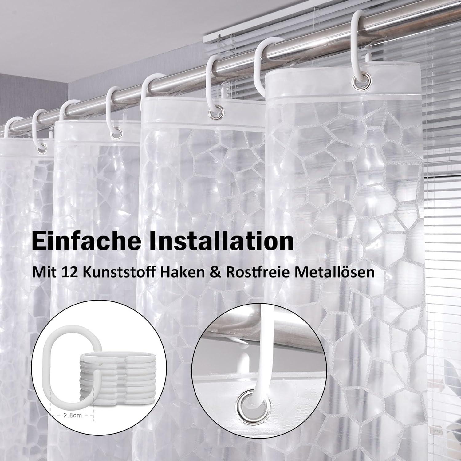 Duschvorhang transparent 180x180cm wasserdicht mit Magneten 3D Muster 12 Ringe