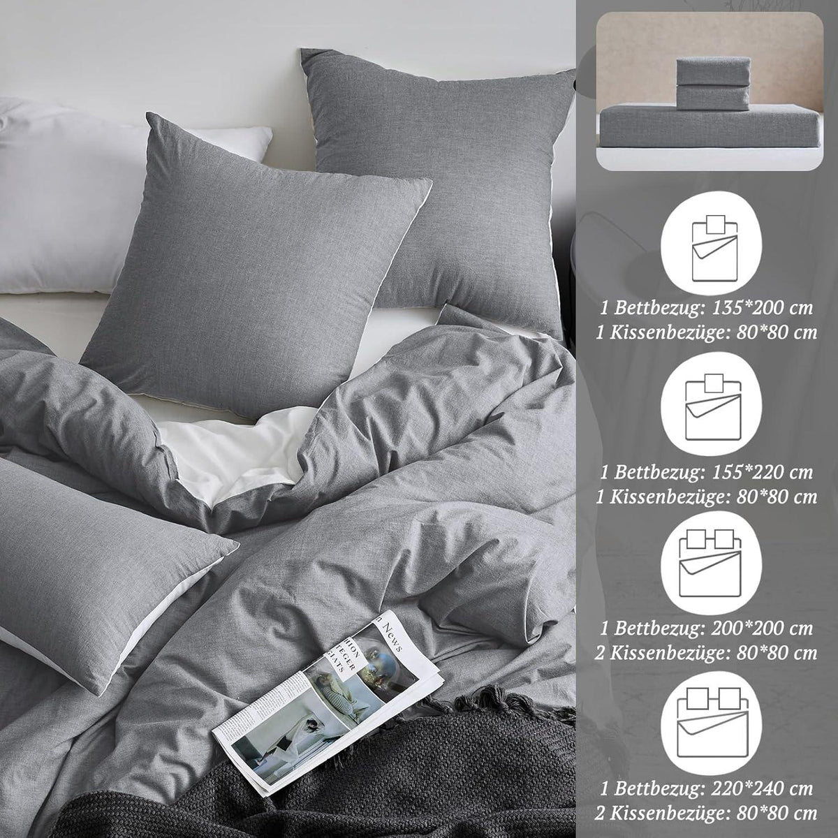 SOULFUL 3tlg. Bettwäsche-Set 200x200 Dunkelgrau Baumwolle Stone Washed