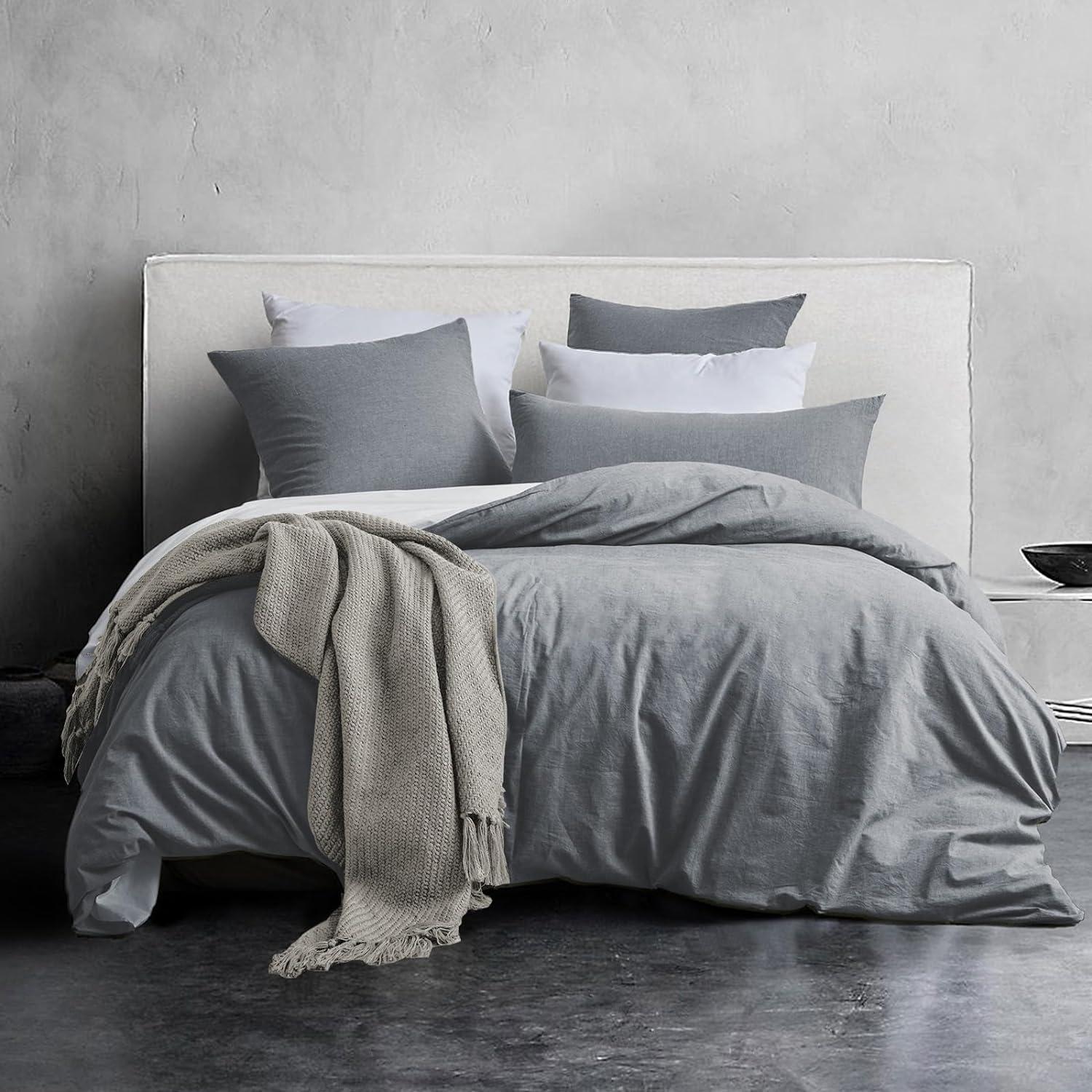 Bettwäsche Set Dunkelgrau 155x220 Baumwolle Stone Washed