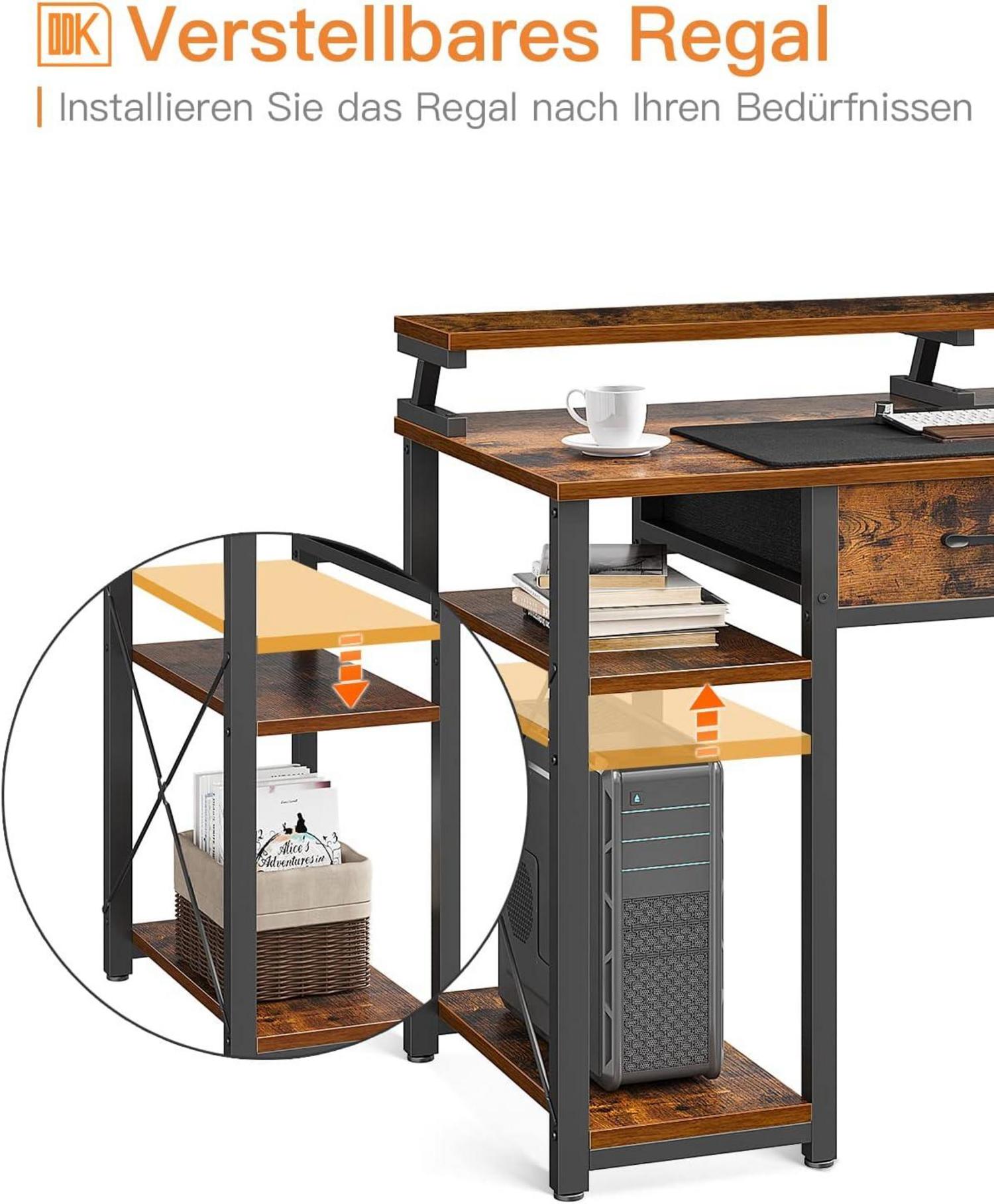 Schreibtisch mit 2 Schubladen und Monitorständer, Bürotisch 120x50cm Eiche