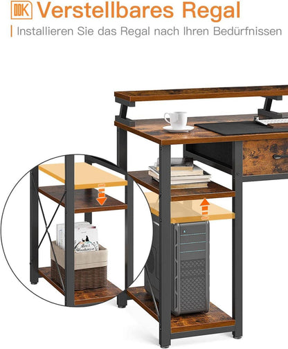 Schreibtisch mit 2 Schubladen und Monitorständer, Bürotisch 120x50cm Eiche