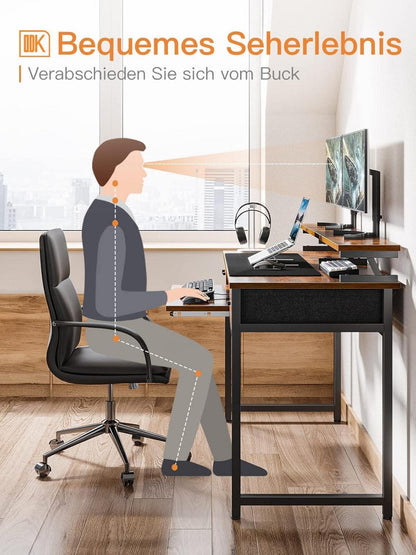 Schreibtisch mit 2 Schubladen, Regalen, Monitorständer, Bücherregal