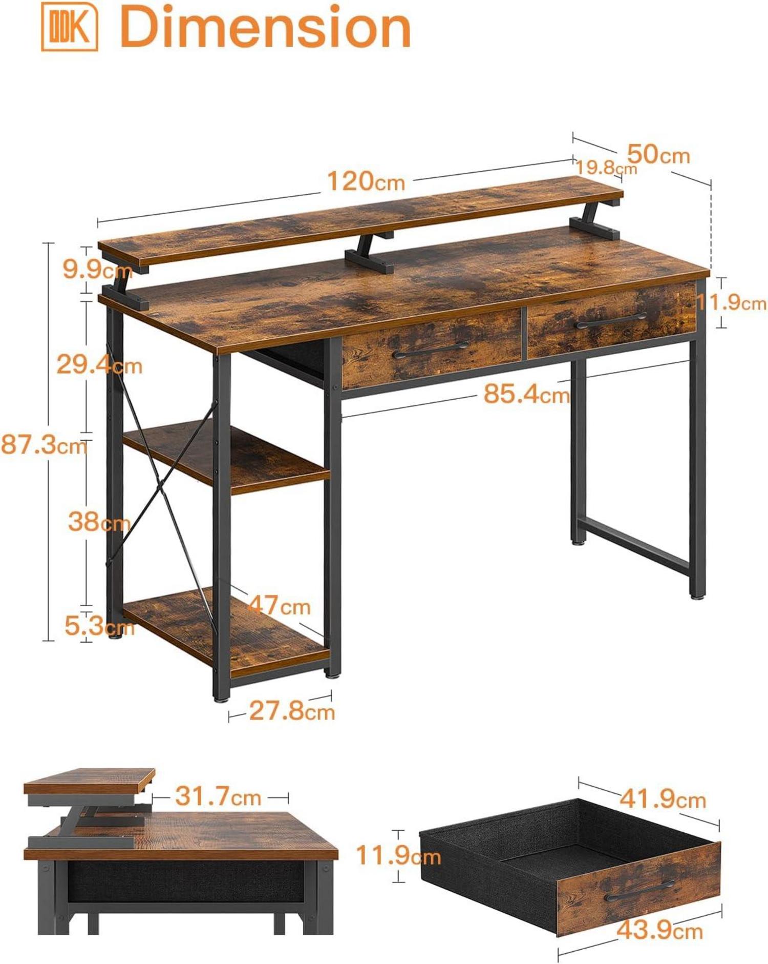 Schreibtisch mit 2 Schubladen und Monitorständer, Bürotisch 120x50cm Eiche