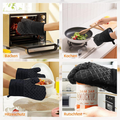 Ofenhandschuhe Topflappen Set Hitzebeständig 4er 300°C Anti-Rutsch Schwarz
