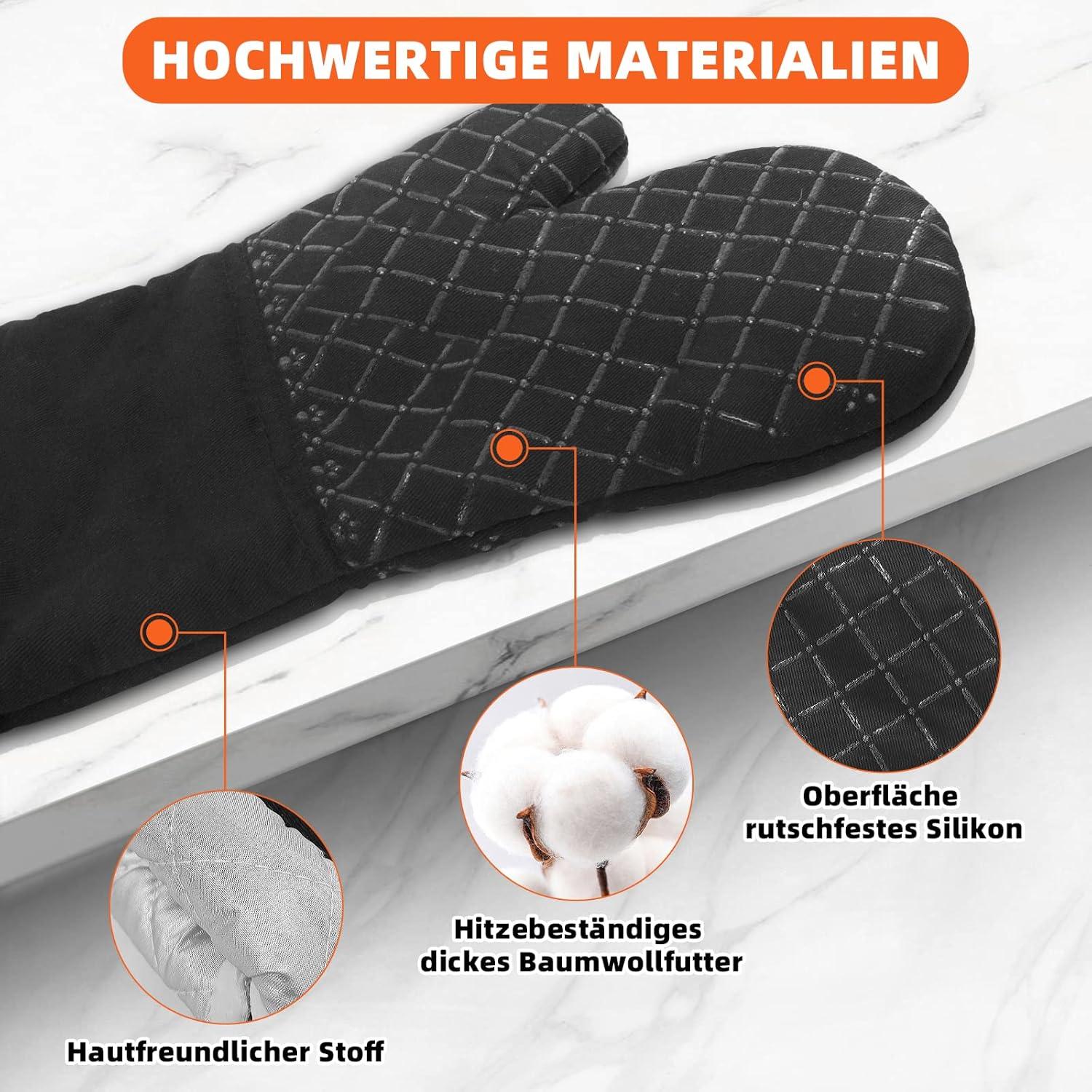 Ofenhandschuhe Topflappen Set 300°C Hitzebeständig Anti-Rutsch Schwarz