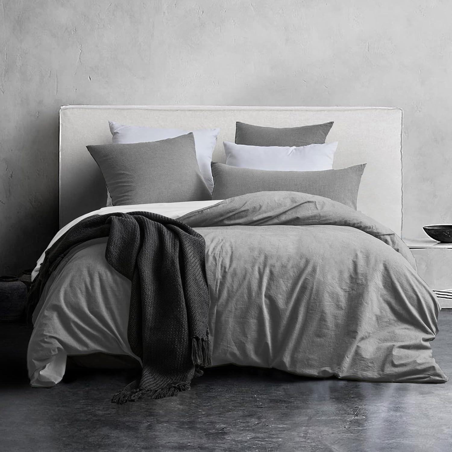Bettwäsche Set Baumwolle Rauchgrau Stone Washed 135x200 Bettbezug