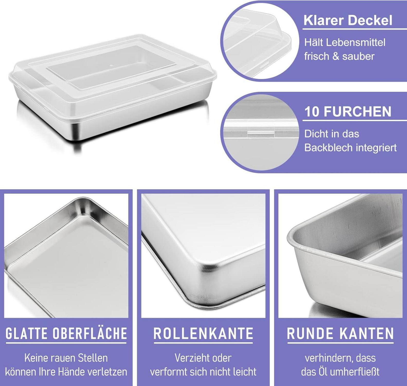 Tiefes Backblech mit Deckel Edelstahl Kuchenform 26,5x20,6x5cm