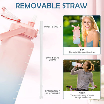 KETIEE Trinkflasche 2L mit Strohhalm und Zeitmarkierung, BPA-frei - Sportflasche für Fitness, Camping, Yoga, Reise - Rosa Blau